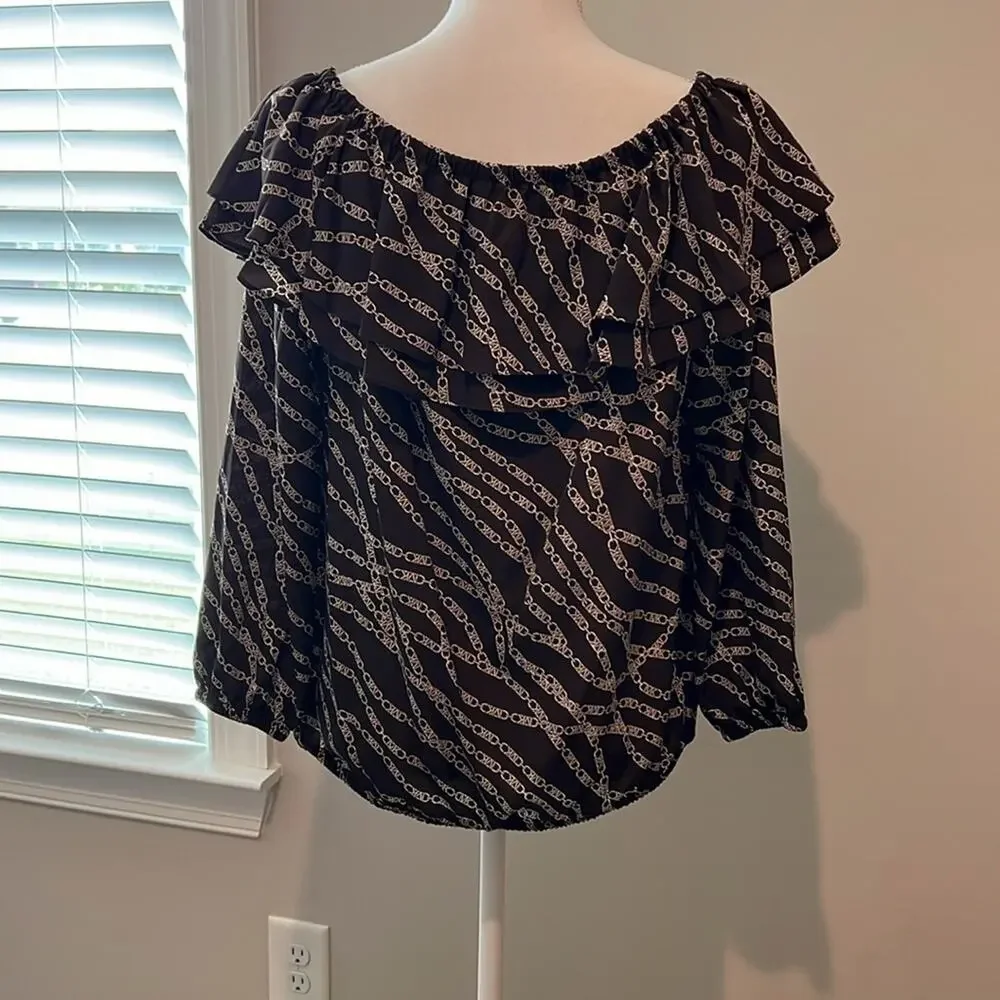 MICHAEL‎ Michael Kors Printed Pebble Crepe Off-the-Shoulder L/S Bias Cut Top M